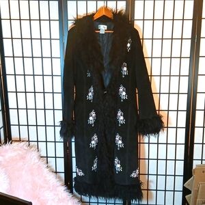 Newport News Suede long coat faux fur and embroidery accents black size 14 US